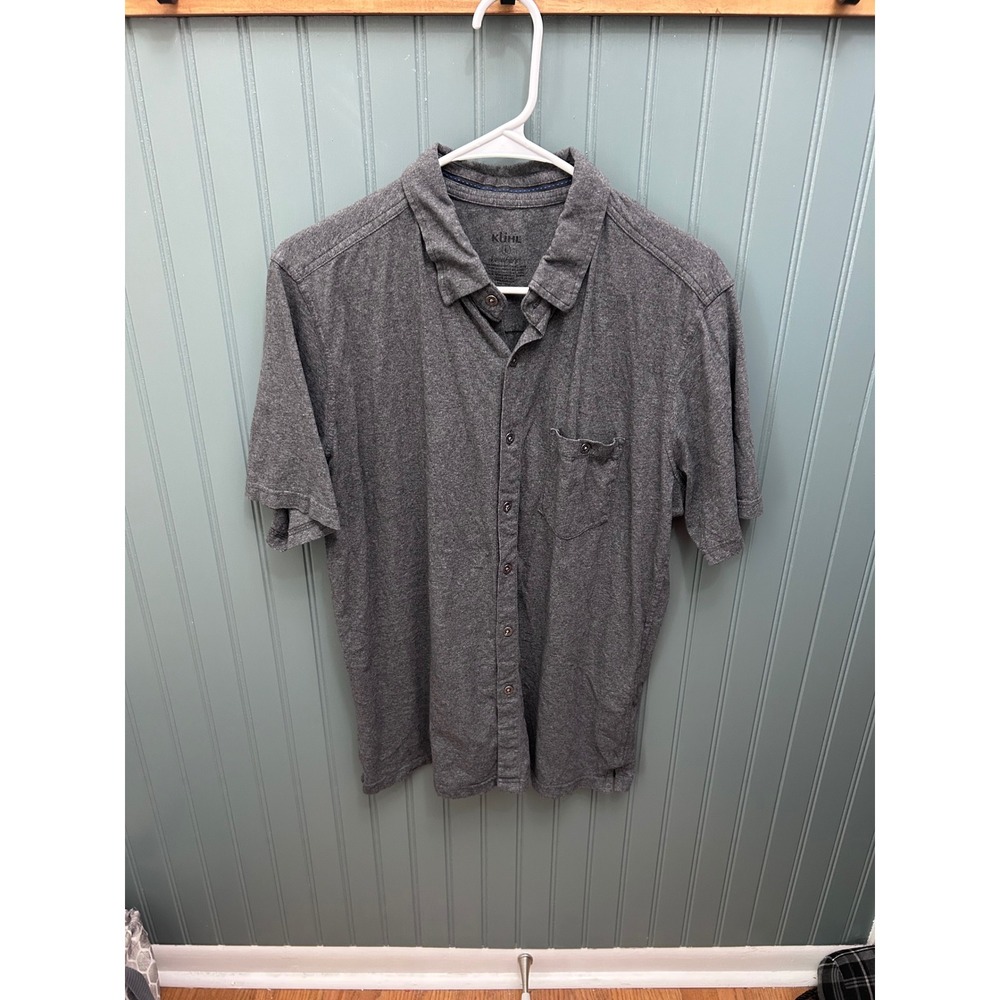 Kuhl Mens Short Sleeve Button Down Shirt Gray‎ Organic Cotton Blend Large Logo